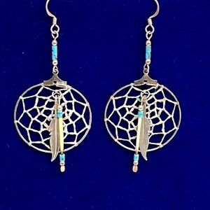 Vintage Native American SS Dreamcatcher Dangle Feather Earrings